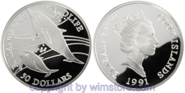 Cook Inseln, 50 Dollars 1991, Heaviside Delphine, KM 95, Silber, PP, mit Kapsel