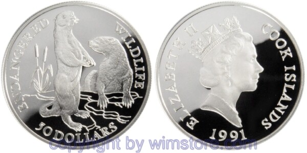 Cook Inseln, 50 Dollars 1991, Fischotter, KM 118, Silber, PP, mit Kapsel