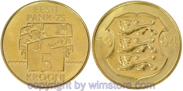 Estland, 5 Krooni 1994, 75 Jahre Zentralbank, KM 30, Alu/Bro