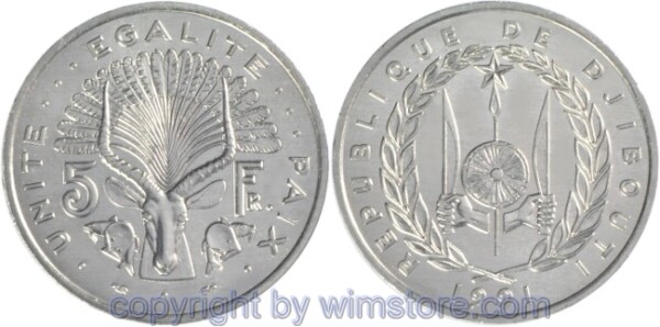 Djibouti, 5 Francs 1977 - 1999, KM 22, Aluminium