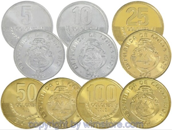 Costa Rica Lot: 5, 10, 25, 50 und 100 Colones, div. Erhaltungen.