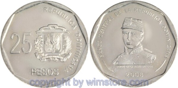 Dominikanische Republik, 25 Pesos, 2005, 2006, 2008, Staatspräsident Luperón, KM 107, Ku/Ni