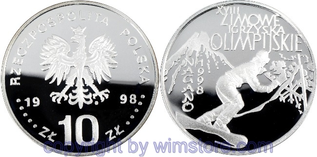 Polen, 10 Zlotych 1998, Snowboarder, Y 341, Silber, PPII, mit Kapsel