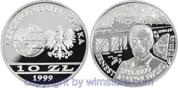 Polen, 10 Zlotych 1999, Ernest Malinowski, Y 378, Silber, PP, mit Kapsel