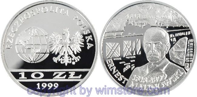 Polen, 10 Zlotych 1999, Ernest Malinowski, Y 378, Silber, PP, mit Kapsel