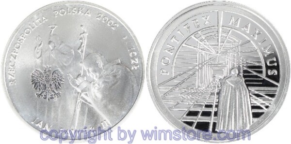 Polen, 10 Zlotych 2002, Papst Johannes Paul II., Y 437, Silber, PP, mit Kapsel