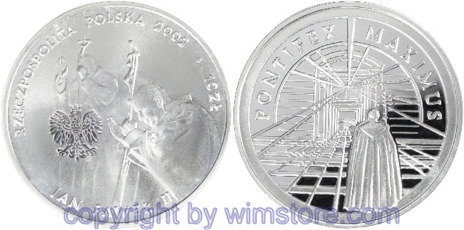 Polen, 10 Zlotych 2002, Papst Johannes Paul II., Y 437, Silber, PP, mit Kapsel