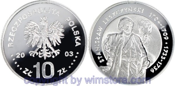 s5377 Polen, 10 Zlotych 2003, Polnische Könige und Fürsten - Stanislaw Leszczynski - Hüftbild, Y 475, Silber, PP, mit Kapsel