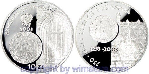 Polen, 10 Zlotych 2003, 750 Jahre Stadt Posen, Y 448, Silber, PP, mit Kapsel