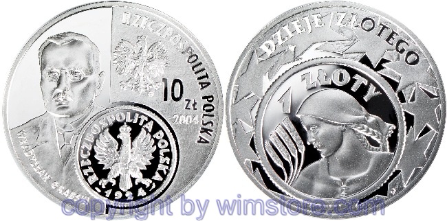 Polen, 10 Zlotych 2004, 80. Jahrestag der Währungsreform - 1 Zloty Münze, Y 480, Silber, PP, mit Kapsel