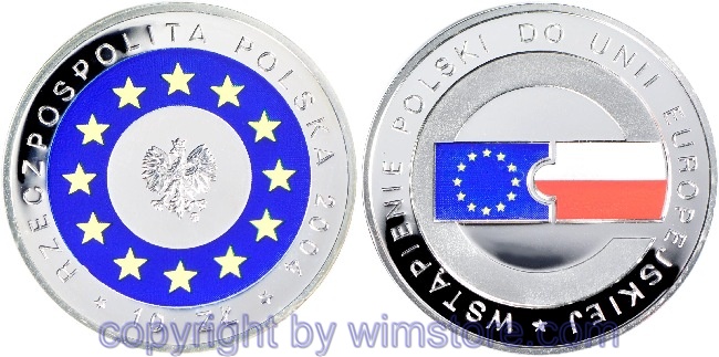 Polen, 10 Zlotych 2004, Polen als Mitglied der Europäischen Union - Flaggen, Y 482, Silber Farbmünze, PP, mit Kapsel
