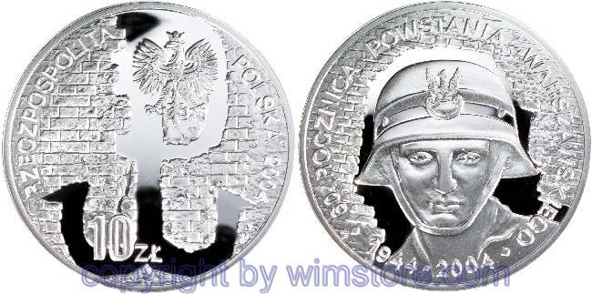 Polen, 10 Zlotych 2004, 60. Jahrestag des Warschauer Aufstandes - Polnischer Soldat mit Helm, Y 497, Silber, PP, mit Kapsel