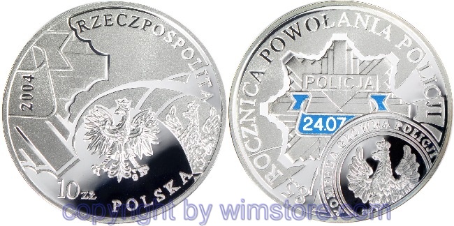 Polen, 10 Zlotych 2004, 85 Jahre Polizei in Polen, Y 502, Silber, PPII, min. angelaufen, mit Kapsel