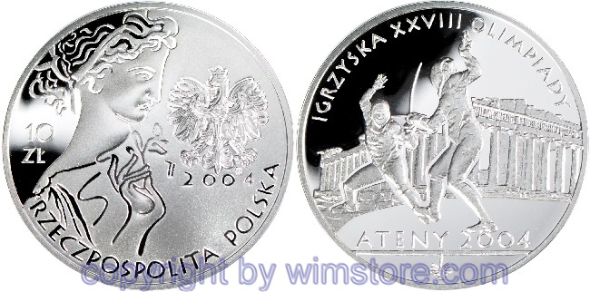 Polen, 10 Zlotych 2004, XXVIII. Sommer Olympiade 2004 in Athen - Fechter vor der Akropolis, Y 517, Silber, PP, mit Kapsel