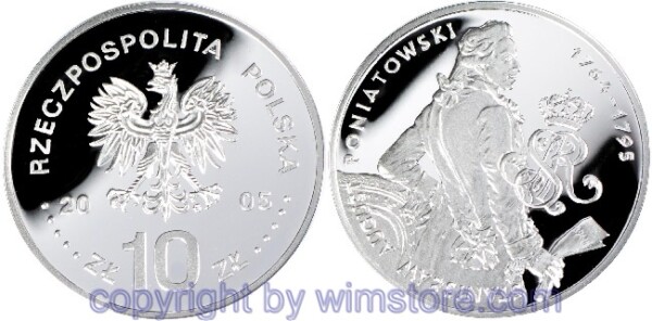 s5393 Polen, 10 Zlotych 2005, Polnische Könige und Fürsten - Stanisław August Poniatowski mit Monogramm, Y 553, Silber, PP, mit Kapsel