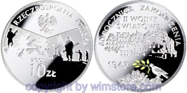 s5394 Polen, 10 Zlotych 2005, 60 Jahre Ende des Zweiten Weltkrieges, Y 554, Silber, PP, mit Kapsel