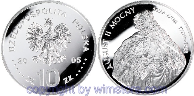 Polen, 10 Zlotych 2005, Polnische Könige und Fürsten - König August II. Mocny (der Starke), Y 461, Silber, PP, mit Kapsel