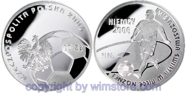 Polen, 10 Zlotych 2006, XVIII. Fußball Weltmeisterschaft 2006 in Deutschland - 1 Spieler am Ball, Y xxx, Silber, PPII (fleckig, mit Kapsel