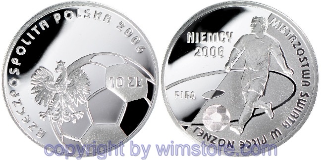 Polen, 10 Zlotych 2006, XVIII. Fußball Weltmeisterschaft 2006 in Deutschland - 1 Spieler am Ball, Y xxx, Silber, PPII (fleckig, mit Kapsel