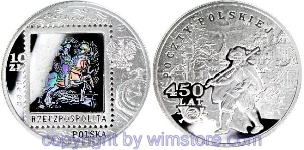 Polen, 10 Zlotych 2008, 450 Jahre Polnischer Postdienst, Y 655, Silber, PP, mit Kapsel