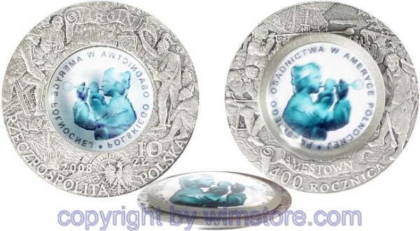 Polen, 10 Zlotych 2008, 400 Jahre Polnische Siedler in Nordamerika, Y 658, Silber, PP, mit Kapsel