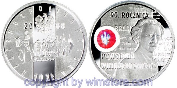 Polen, 10 Zlotych 2008, 90. Jahrestag des Posener Aufstandes, Y 661, Silber, PP, mit Kapsel