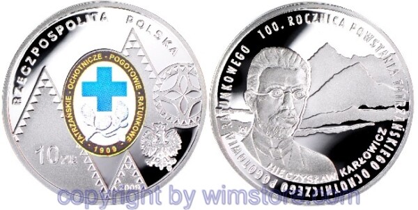 Polen, 10 Zlotych 2009, 100 Jahre freiwillige Bergwacht in der Tatra, Y 698, Silber, PP, mit Kapsel