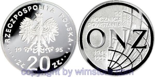 s5424 Polen, 20 Zlotych 1995, 50 Jahre Vereinte Nationen, Y 291, Silber, PP, mit Kapsel