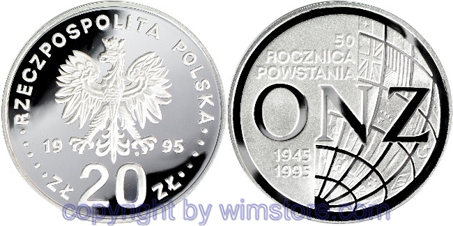 Polen, 20 Zlotych 1995, 50 Jahre Vereinte Nationen, Y 291, Silber, PP, mit Kapsel