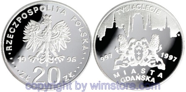 Polen, 20 Zlotych 1996, 1000 Jahre Stadt Danzig, Y 319, Silber, PP, mit Kapsel