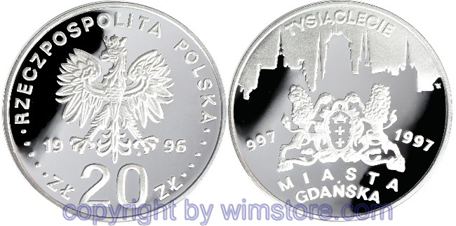Polen, 20 Zlotych 1996, 1000 Jahre Stadt Danzig, Y 319, Silber, PP, mit Kapsel