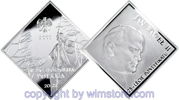 s5433 Polen, 20 Zlotych 2003, 25 Jahre Pontifikat von Paps Johannes Paul II., Y 471, Silber, PP, beschädigte Kapsel