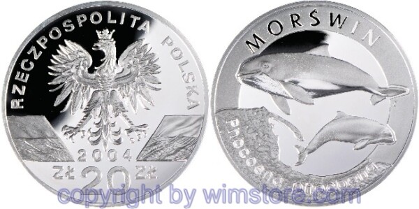Polen, 20 Zlotych 2004, Tierwelt - Schweinswale, Y 515, Silber, PP, mit Kapsel