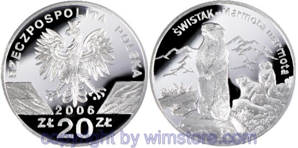Polen, 20 Zlotych 2006, Tierwelt - Alpenmurmeltier, Y 535, Silber, PP, mit Kapsel