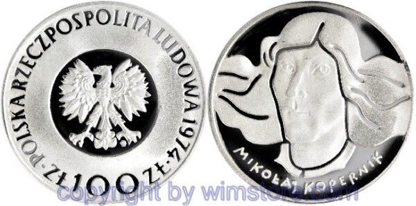 Polen, 100 Zlotych 1974, 500. Geburtstag von Nicolaus Copernicus, Y 68, Silber, PP, mit Kapsel