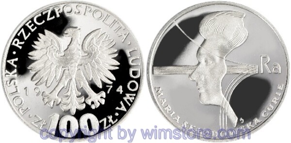 s5448 Polen, 100 Zlotych 1974, 40. Todestag von Marie Skłodowska Curie, Y 71, Silber, PP2, min. angelaufen, mit Kapsel