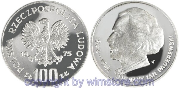 Polen, 100 Zlotych 1975, Polnische Musiker - Ignacy Jan Paderewski, Y 77, Silber, PP2, min. angelaufen, mit Kapsel