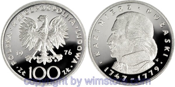 Polen, 100 Zlotych 1976, 200. Jahrestag der Unabhängigkeitserklärung der USA - Pułaski, Y 84, Silber, PP, mit Kapsel