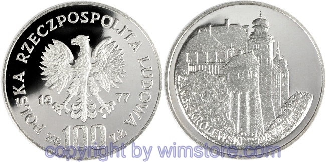 Polen, 100 Zlotych 1977, Polnische Königsschlösser - Königsschloss in Krakau, Y 91, Silber, PP, mit Kapsel