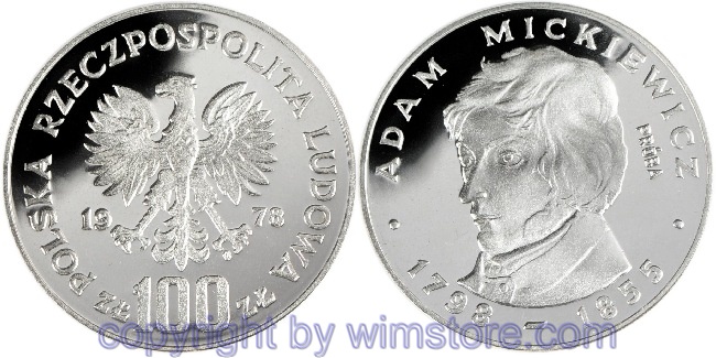 Polen, (Próba), 100 Zlotych 1978, Polnische Schriftsteller - Adam Mickiewicz, PR 323, Silber, PPII, min. angelaufen, mit Kapsel