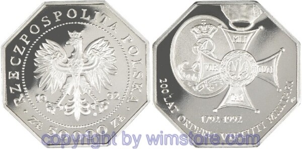 Polen, 50000 Zlotych 1992, 200 Jahre Militärorden 'Virtuti Militari', Y 229, Ku/Ni, PP, mit Kapsel