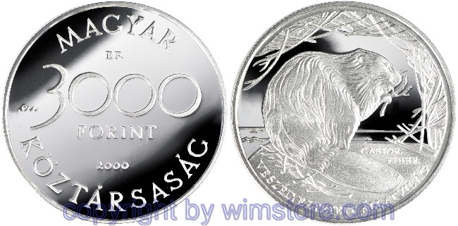 Ungarn, 3000 Forint 2000, Tierwelt - Europäischer Biber, KM 746, Silber