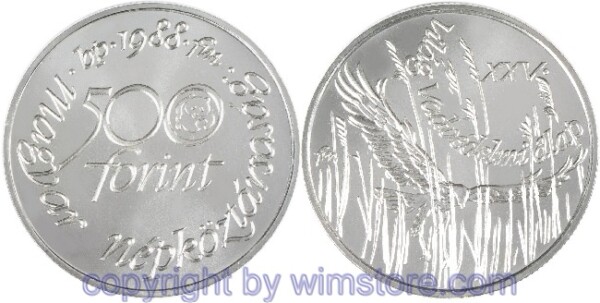 s5480 Ungarn, 500 Forint 1988, 25 Jahre World Wildlife Fund - Wiesenweih, KM 661, Silber