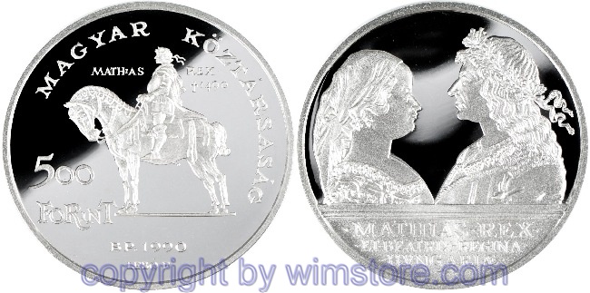 Ungarn, 500 Forint 1990, 500. Todestag von König Matthias I. Corvinus - Doppelportrait, KM 679, Silber