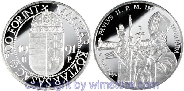 Ungarn, 500 Forint 1991, Apostolische Visite von Papst Johannes Paul II, KM 683, Silber