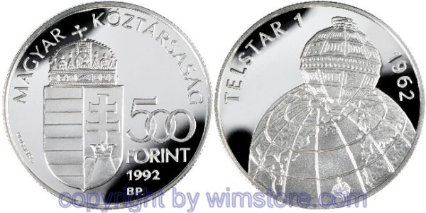 s5498 Ungarn, 500 Forint 1992, Meilensteine der Raumfahrt - Satellit Telstar 1, KM 690, Silber