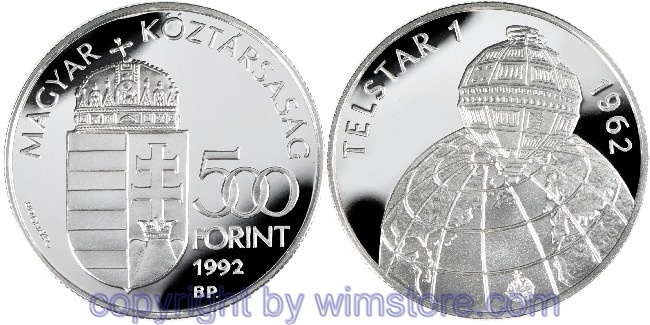 s5498 Ungarn, 500 Forint 1992, Meilensteine der Raumfahrt - Satellit Telstar 1, KM 690, Silber