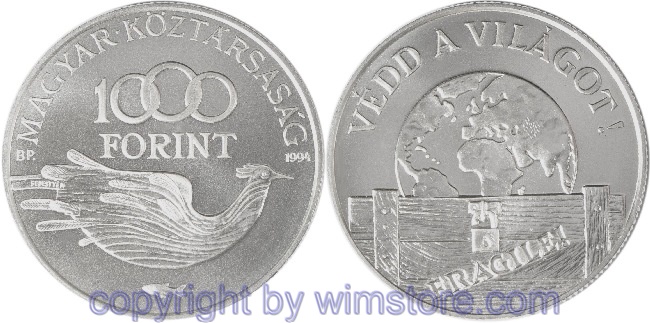 Ungarn, 1000 Forint 1994, Schützt unsere Umwelt - Globus, KM 713, Silber