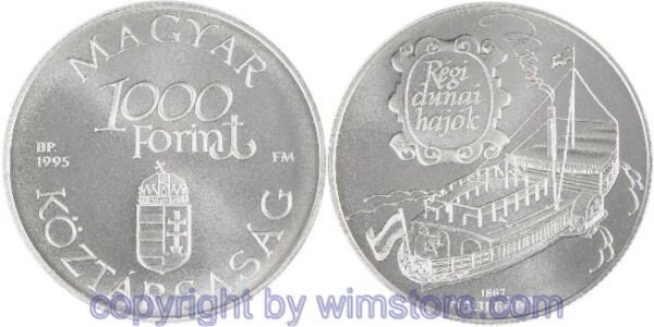 Ungarn, 1000 Forint 1995, Alte Donaudampfschiffe - Raddampfer Hableány (Meerjungfrau), KM 714, Silber