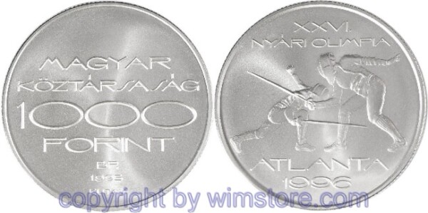 Ungarn, 1000 Forint 1995, XXVI. Sommer Olympiade 1996 in Atlanta - Fechten, KM 716, Silber